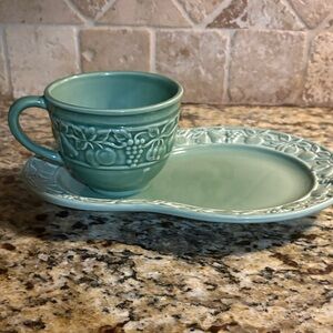 Charming Vintage Teal Embossed Cup and Saucer Set